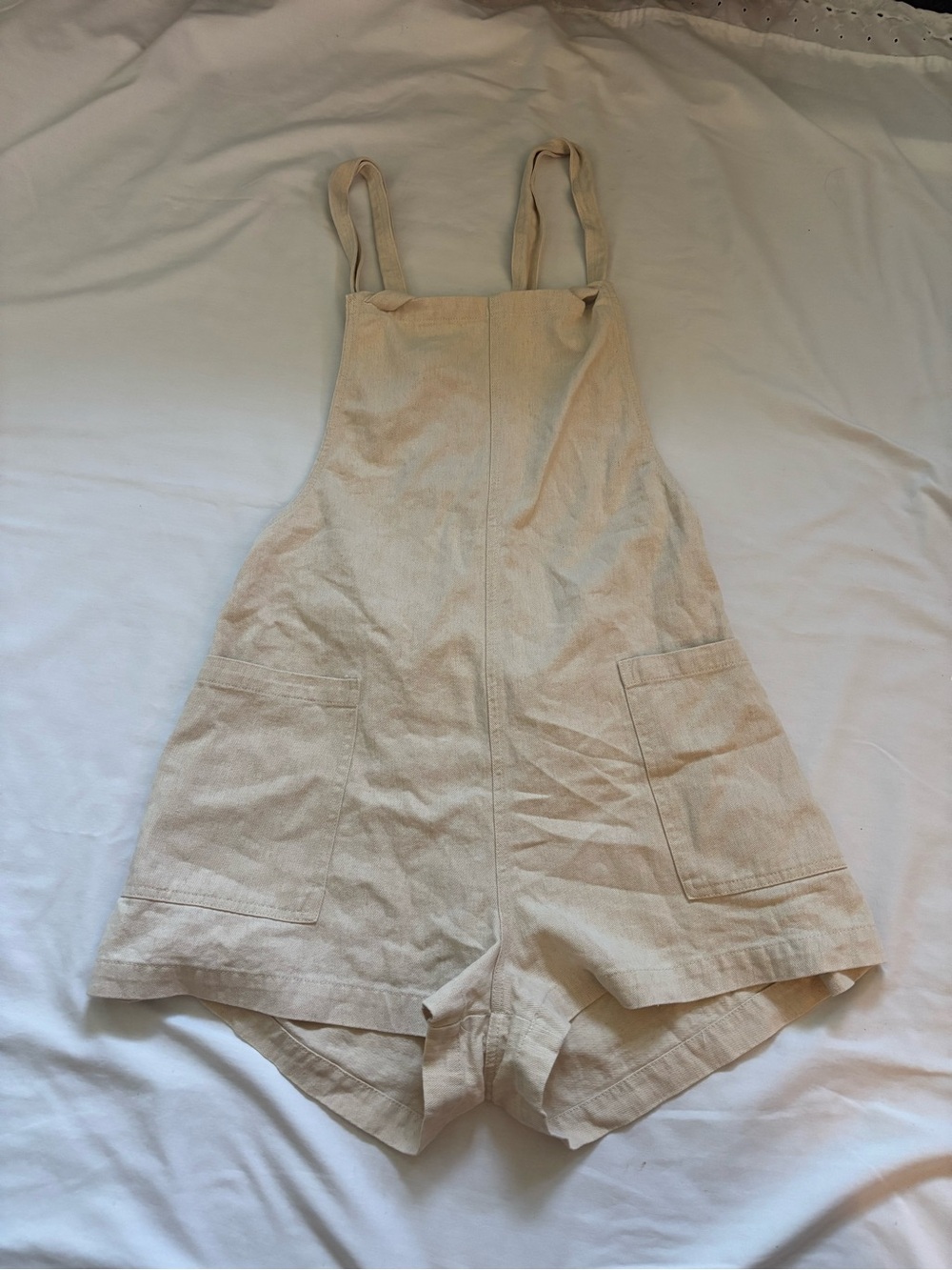 Beige Linen-Blend Short Overalls Romper